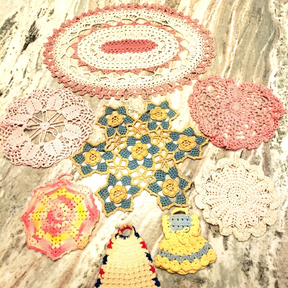 Vintage Lot of 8 Handmade Crochet Doilies Heart